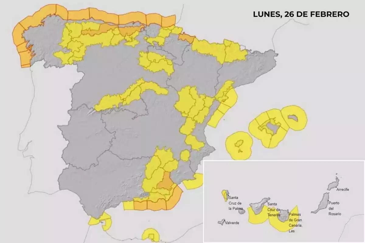 Mapa de avisos de la AEMET para el lunes 26 de febrero de 2024 Mapa de avisos de la AEMET para el lunes 26 de febrero de 2024