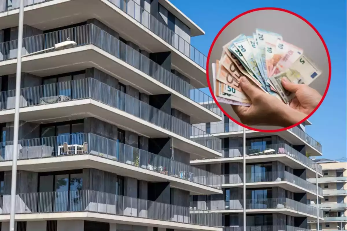 Edificio de apartamentos con un círculo que muestra manos sosteniendo billetes de euro.