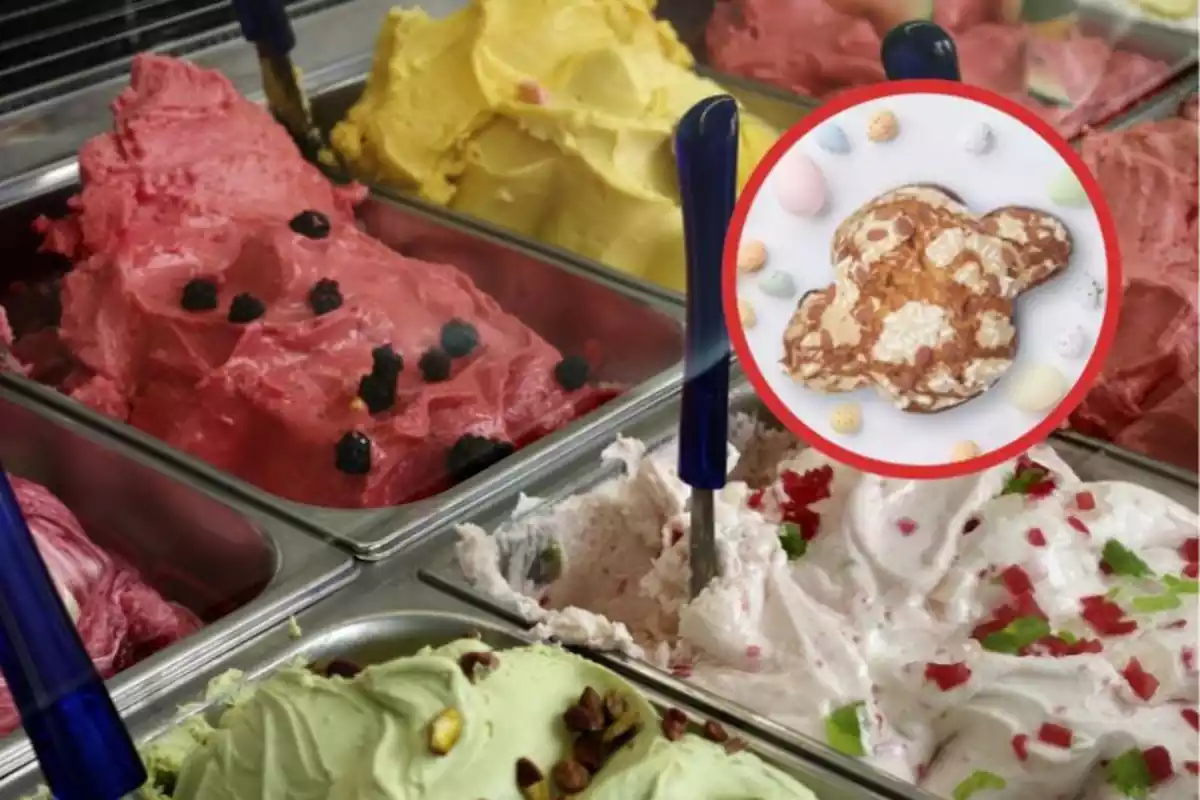 Helados en una vitrina y a un lado un Colomba en un círculo rojo