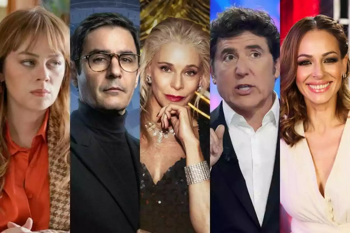 Un grupo de personas formado por Bahar en Renacer, Juanra Bonet en Traitors, Belén Rueda en Eva & Nicole, Manel Fuentes en Tu Cara Me Suena y Eva González en La Voz Kids posando en una serie de retratos individuales.
