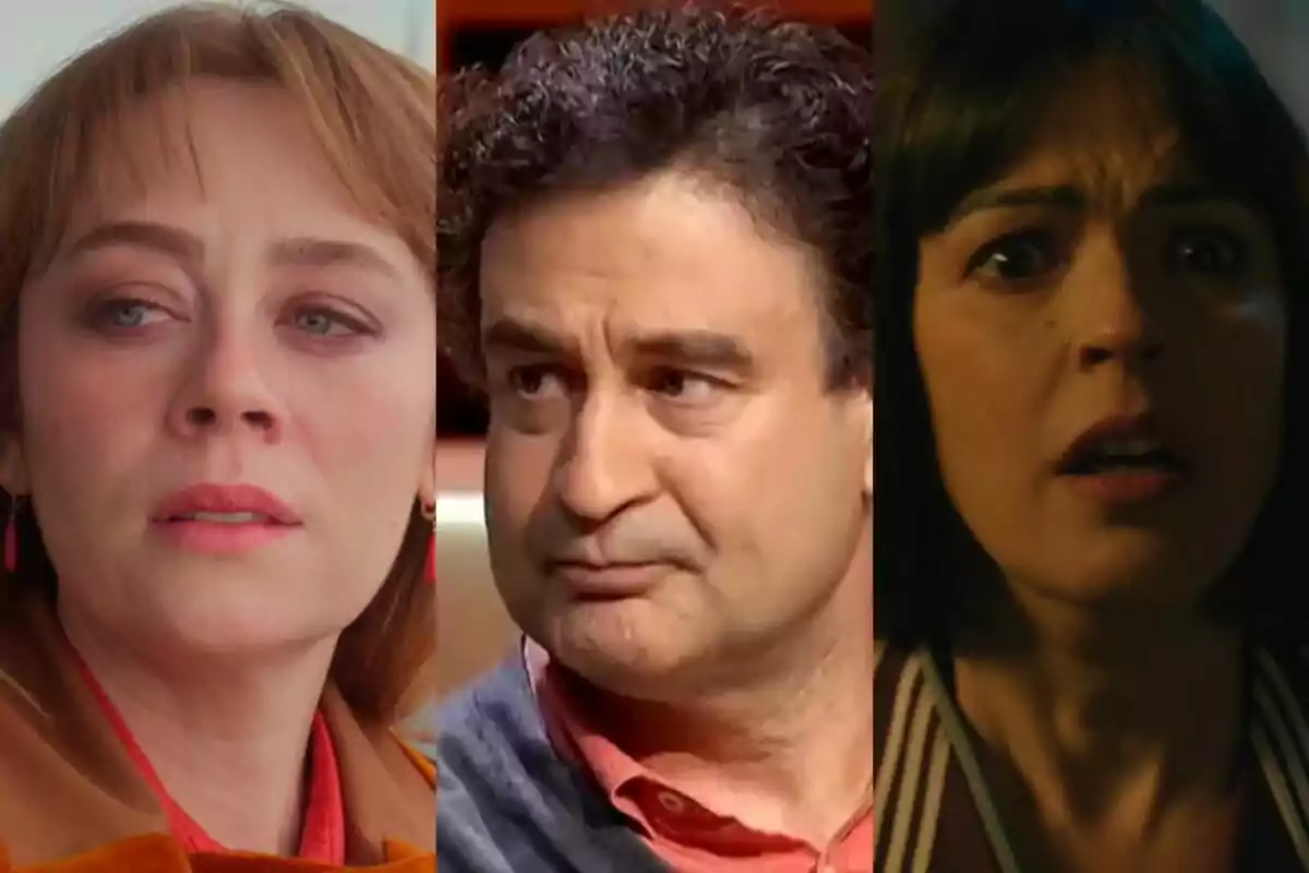 Tres personas, Bahar en Renacer, Pepe Rodríguez en MasterChef y Verónica Sánchez en La Favorita 1922, con expresiones faciales de preocupación y sorpresa.