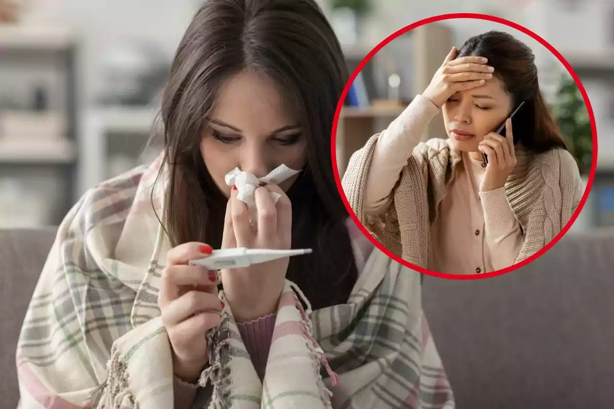 Mujer enferma con una manta revisando un termómetro mientras se suena la nariz, con una imagen insertada de otra mujer hablando por teléfono y tocándose la frente.