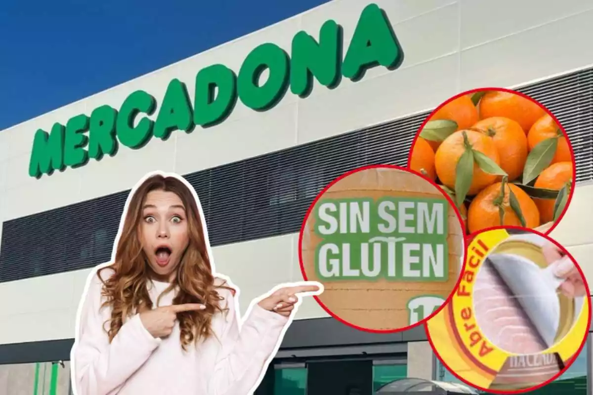 Chica sorprendida señalando tres productos de Mercadona