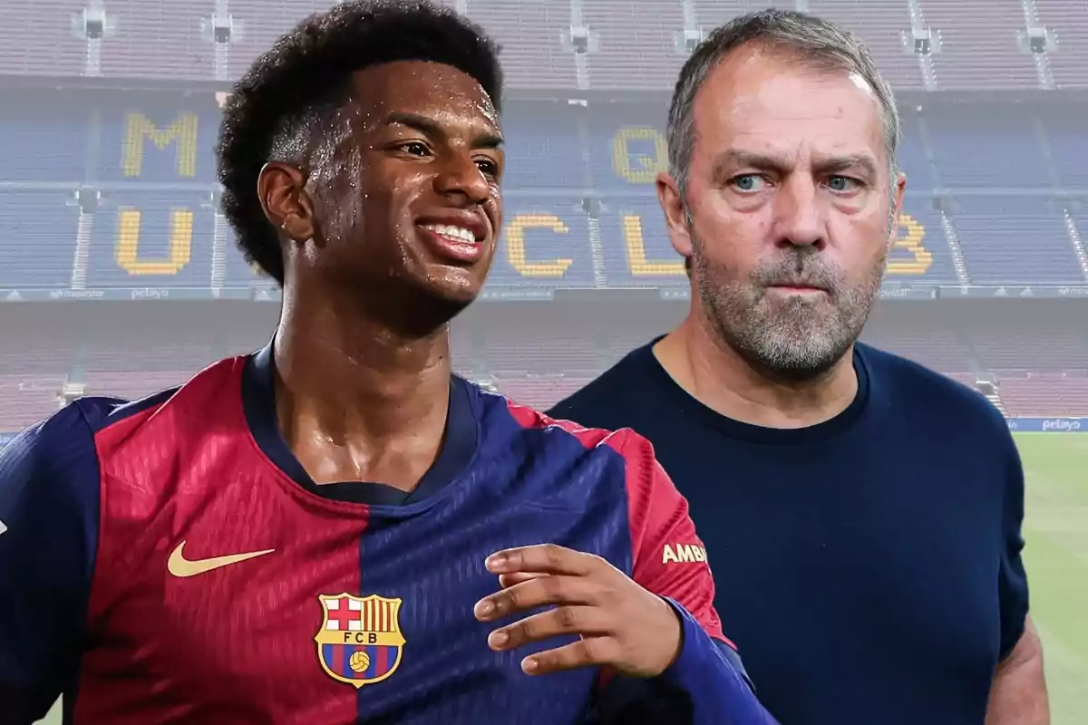 Un jugador de fútbol con la camiseta del FC Barcelona junto a un hombre en un estadio.