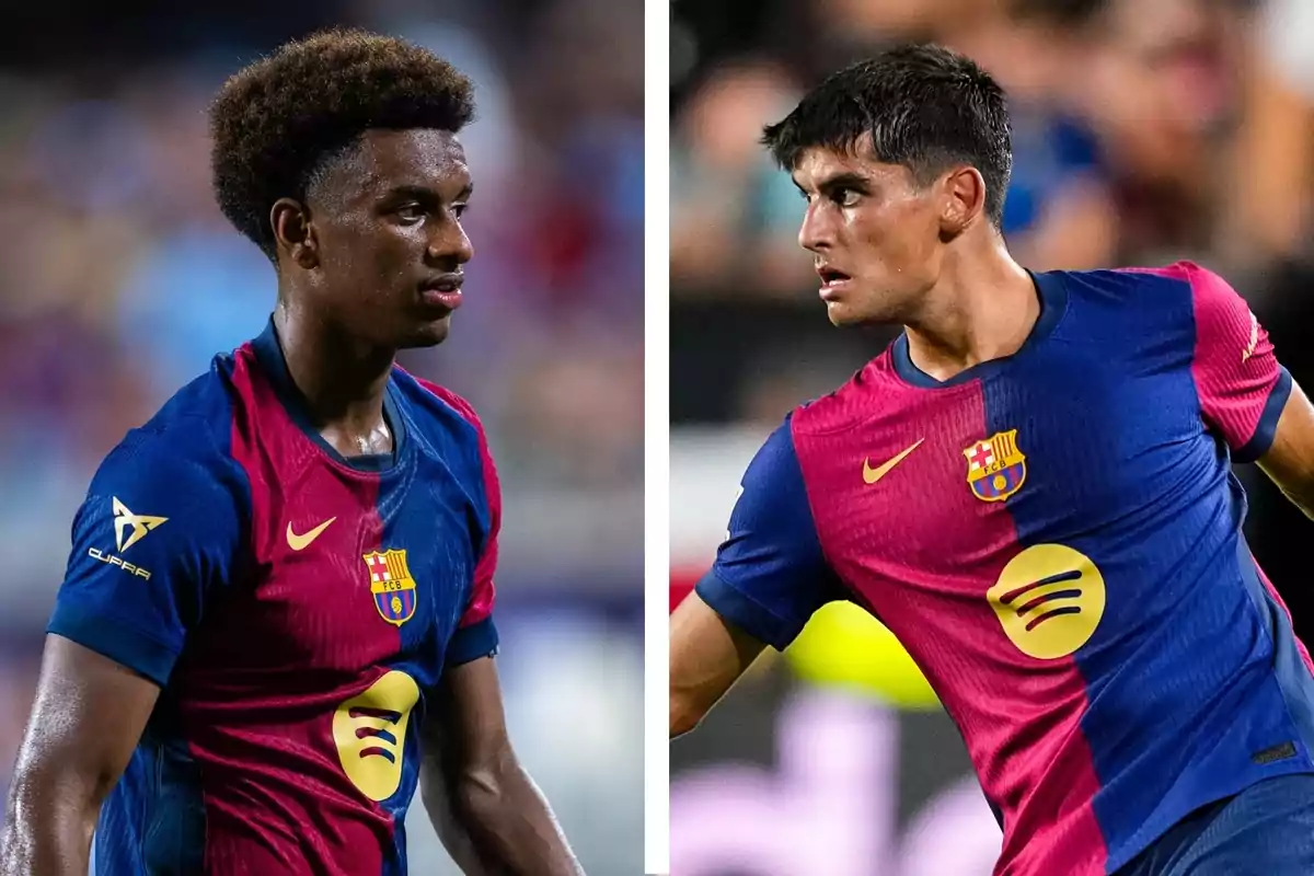 Dos futbolistas del Barcelona con uniforme azul y rojo durante un partido Dos futbolistas del Barcelona con uniforme azul y rojo durante un partido