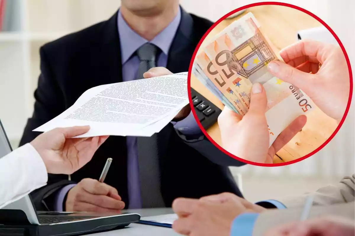 Imagen de fondo de una persona recibiendo documentos y otra imagen de unas manos con billetes de 50 euros en ellas