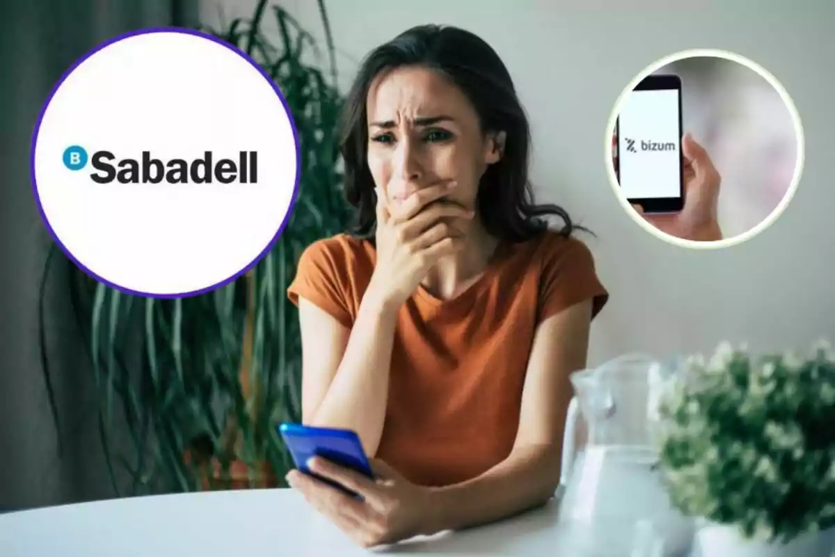 Una mujer con expresión preocupada sostiene un teléfono móvil, con los logotipos de Sabadell y Bizum en la imagen.