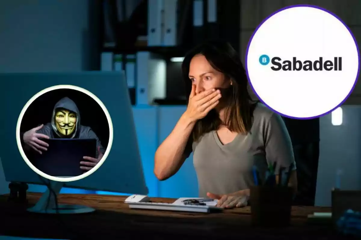 Una mujer se lleva la mano a la boca mientras mira una computadora, con un logo de Sabadell y una imagen de un hacker con una máscara de Guy Fawkes en la pantalla.