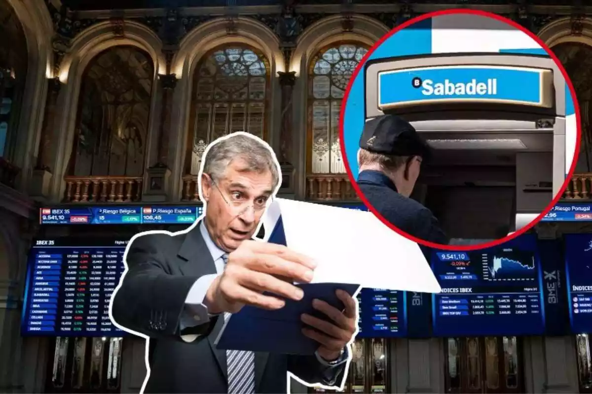 Imagen de fondo del edificio de la Bolsa de Comercio de Madrid junto a una imagen de un hombre mirando unos documentos en primer plano y otra de un hombre sacando dinero de un cajero del banco Sabadell