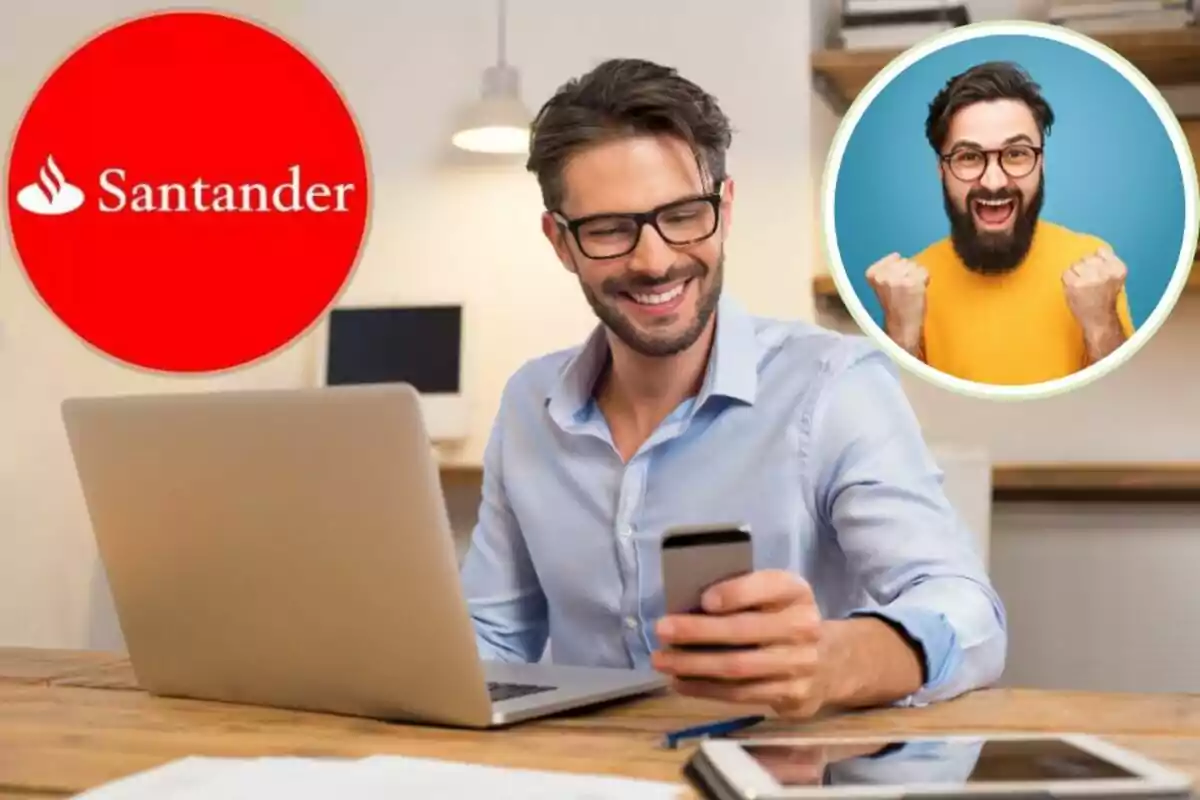 Hombre sonriente usando un teléfono móvil y una computadora portátil con el logotipo de Santander y una imagen de un hombre emocionado en un círculo.