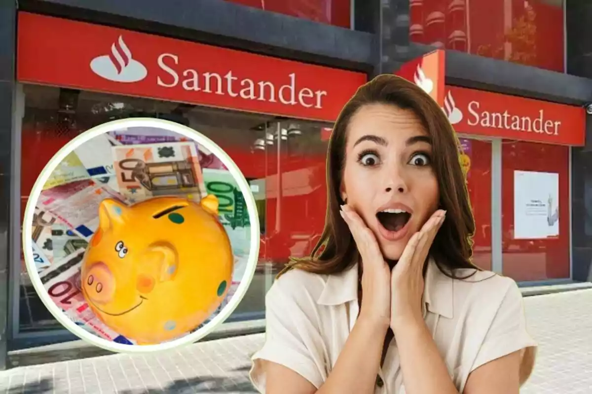 Una mujer con expresión de sorpresa frente a una sucursal del banco Santander, con una imagen de una alcancía de cerdito y billetes en el fondo.