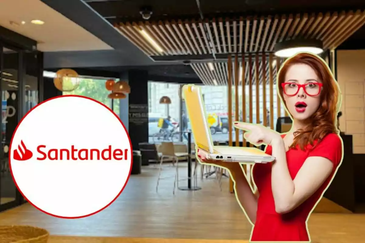 Una mujer con gafas rojas y vestido rojo sostiene una computadora portátil y señala hacia el logotipo de Santander en un entorno moderno de oficina.