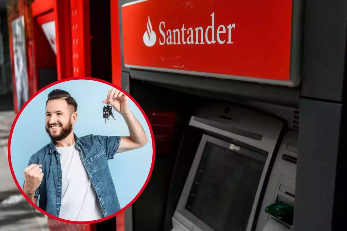 Imagen de fondo de un cajero del Banco Santander y otra imagen de una persona con unas llaves de coche en la mano
