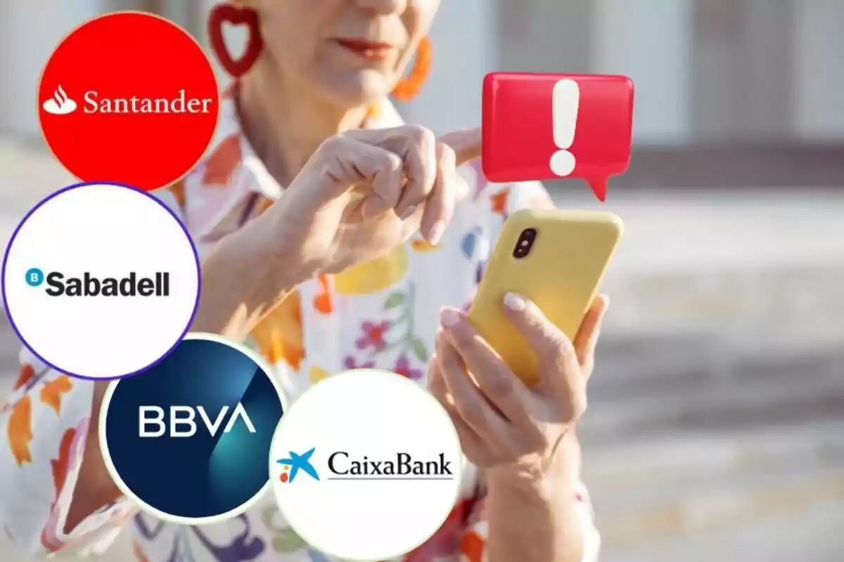 Una persona mayor usando un teléfono móvil con logotipos de bancos como Santander, Sabadell, BBVA y CaixaBank alrededor y un icono de alerta en la pantalla.