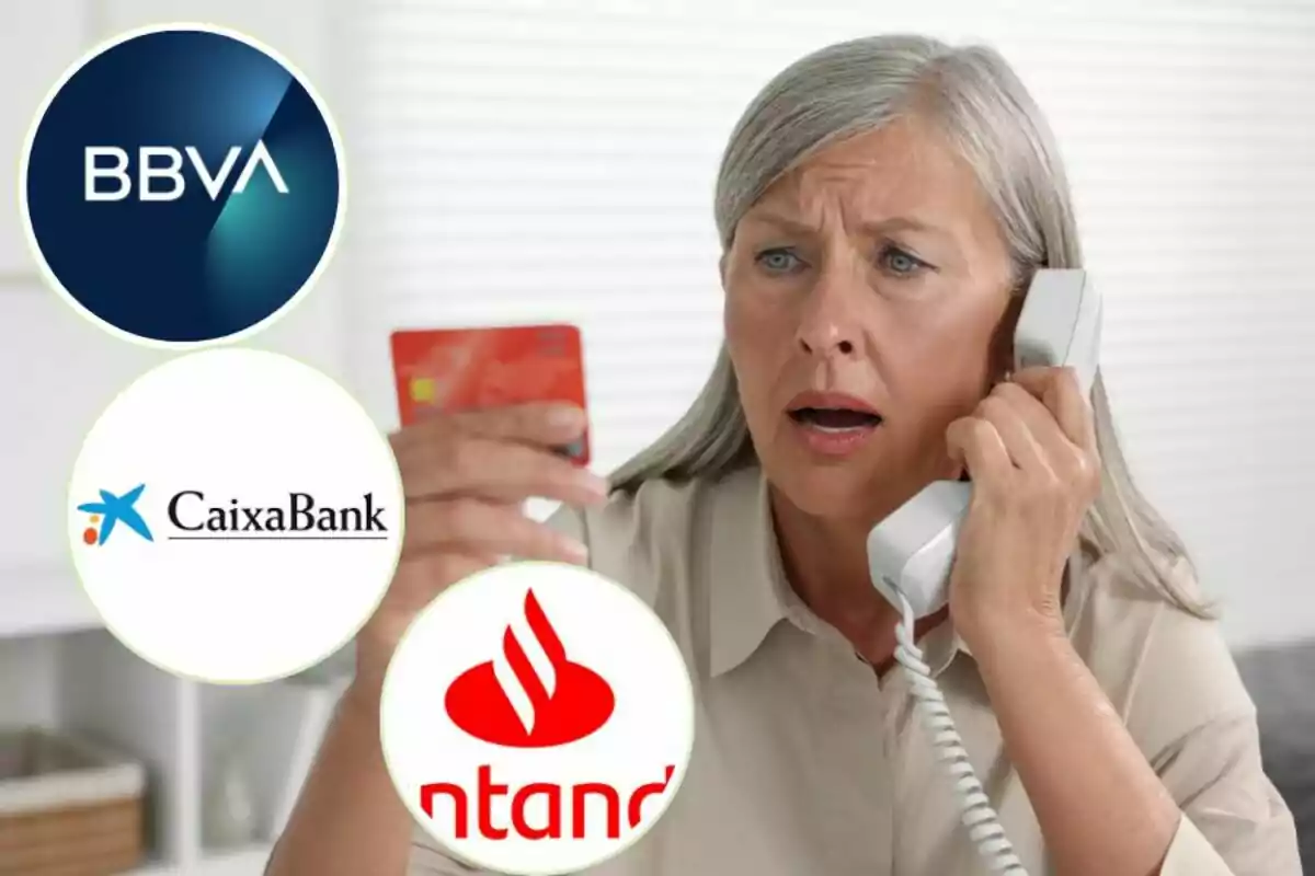 Mujer preocupada hablando por teléfono mientras sostiene una tarjeta de crédito, con los logotipos de BBVA, CaixaBank y Santander.