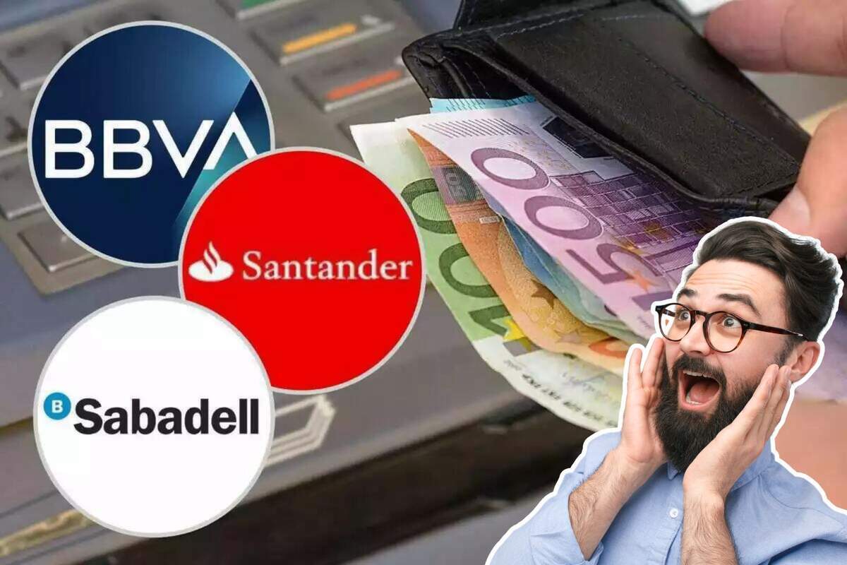 Imagen de fondo de una persona sacando billetes de un cajero, junto a los tres logos de BBVA, Sabadell y Santander y un hombre con gesto de sorpresa