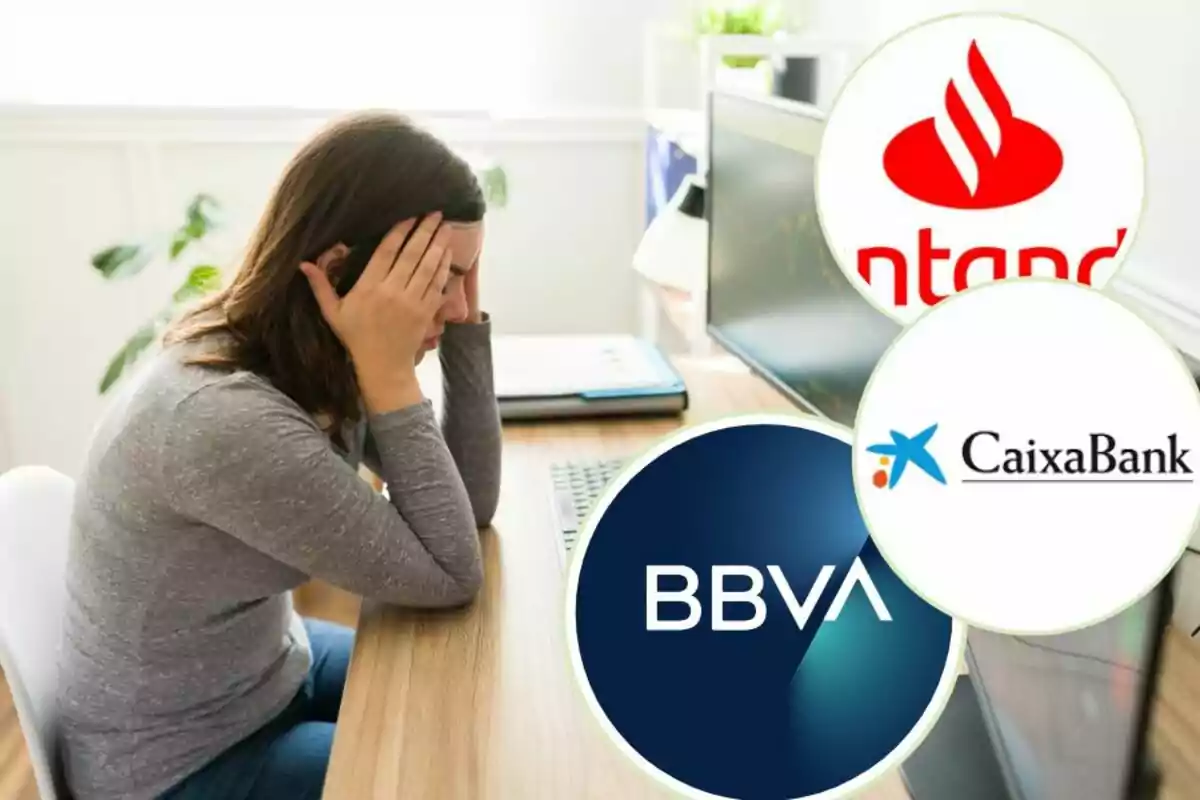 Mujer estresada frente a una computadora con logotipos de bancos.