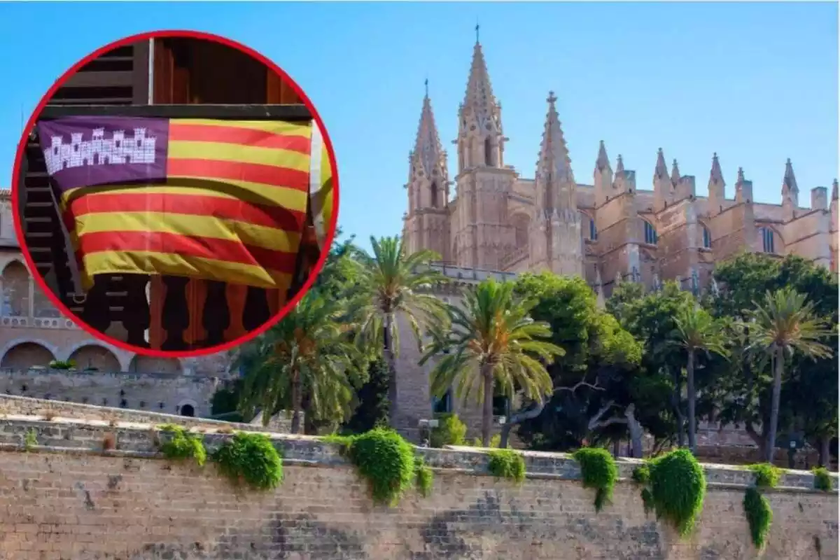 Imagen de fondo de la Catedral de Palma de Mallorca y otra imagen en primer plano de una bandera de las Islas Baleares