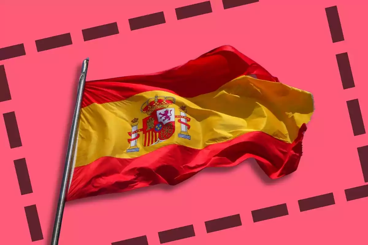 Bandera de España ondeando sobre fondo rosa con borde de líneas discontinuas.