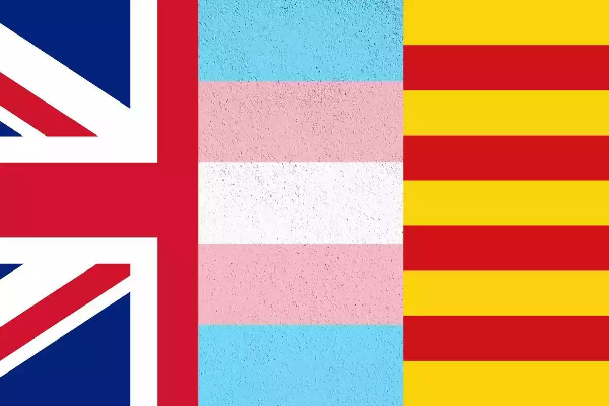 Montaje de las banderas del Reino Unido, Cataluña y la bandera trans
