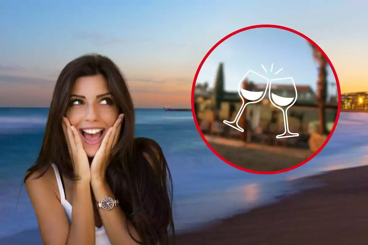 Mujer sonriente en la playa al atardecer con un círculo rojo que contiene dos copas de vino brindando.