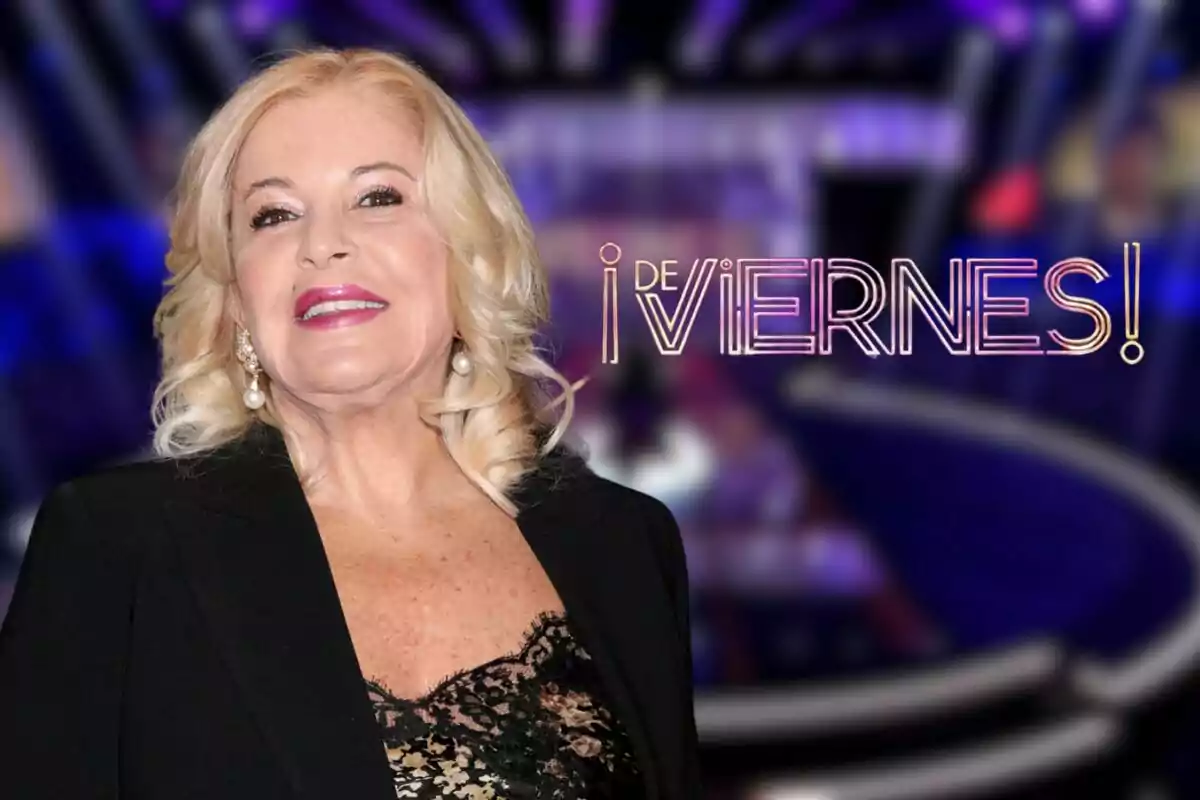 Bárbara Rey rubia sonriendo con fondo de luces y texto que dice "¡De viernes!"