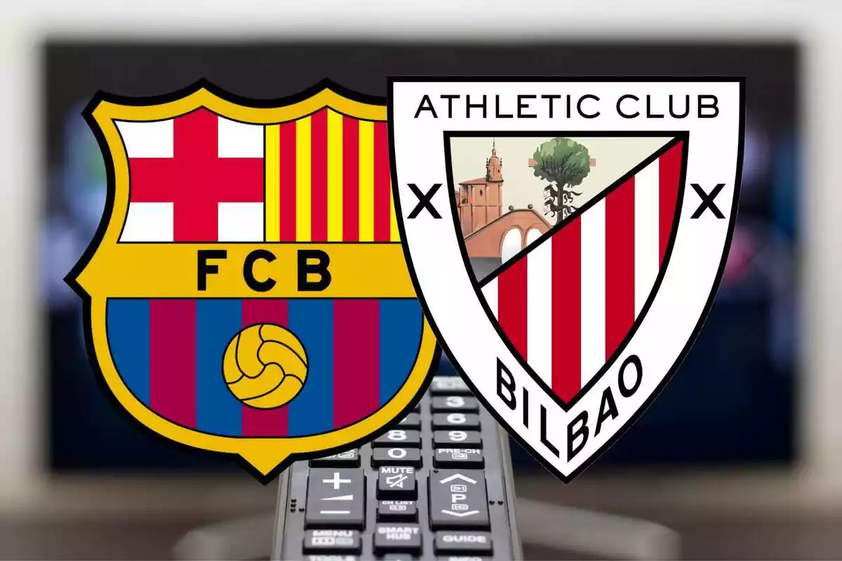 Montaje de los escudos del FC Barcelona y el Athletic Club con un mando de tv en medio