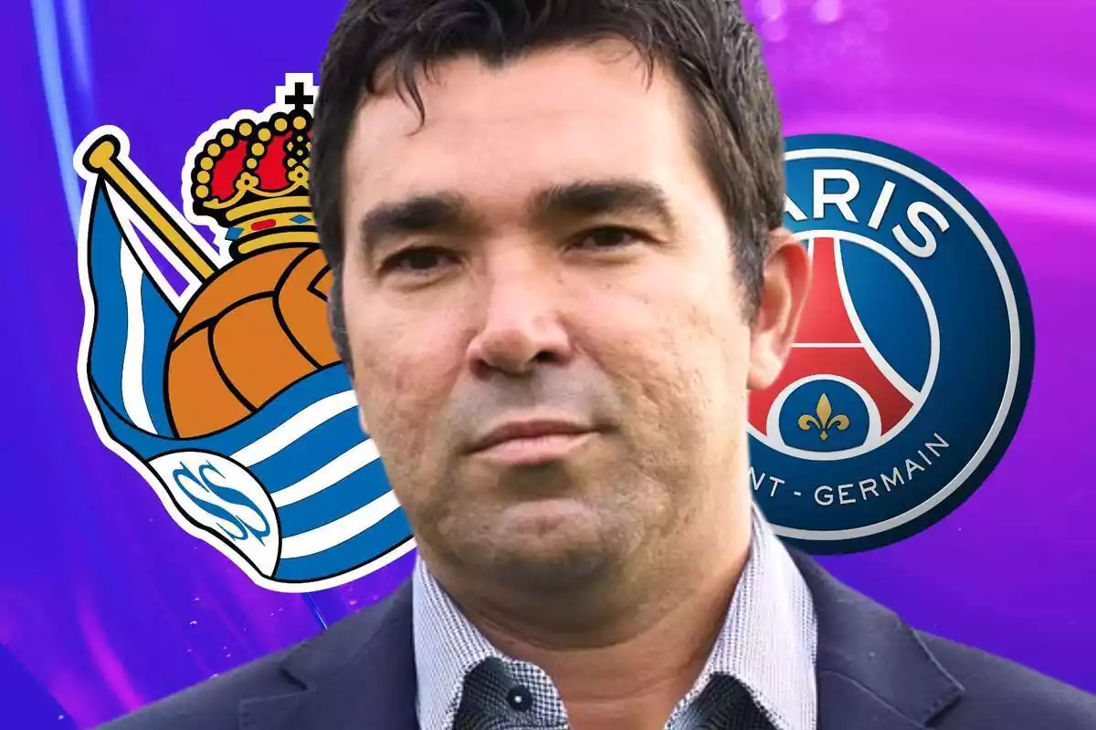 El director deportivo del Barça, Deco, junto a una foto que ilustra los logos de la Real Sociedad y del PSG