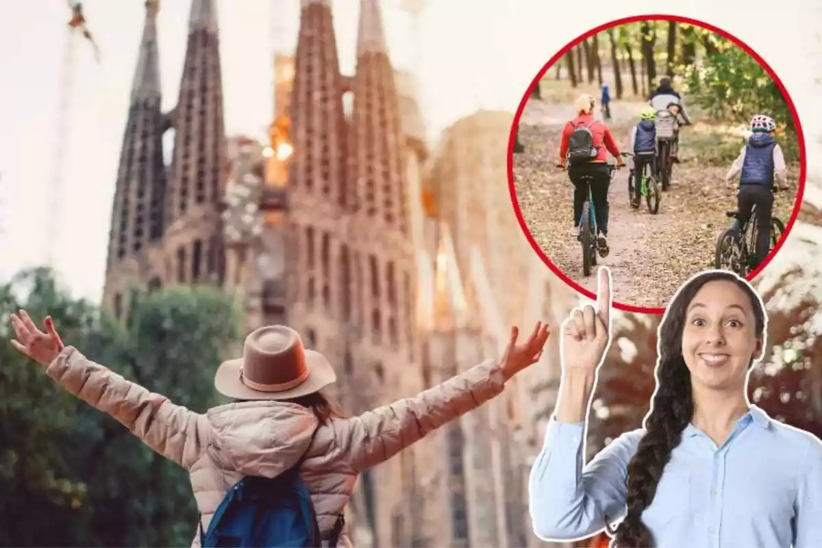 Imagen de fondo de una persona de espaldas frente a la Sagrada Familia, junto a otra imagen pequeña de una familia haciendo ciclismo y otra de una mujer con gesto de haber tenido una idea
