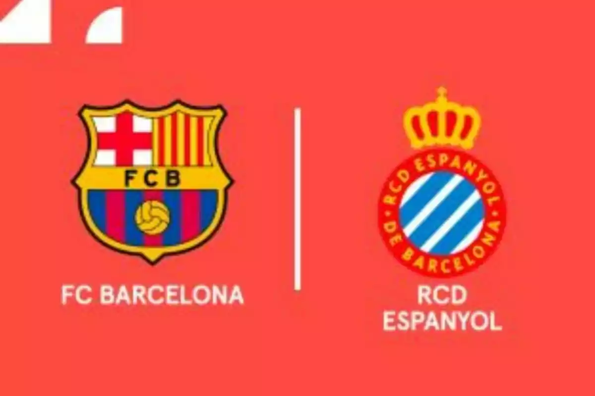 Escudos de los equipos de fútbol FC Barcelona y RCD Espanyol sobre un fondo rojo. Escudos de los equipos de fútbol FC Barcelona y RCD Espanyol sobre un fondo rojo.