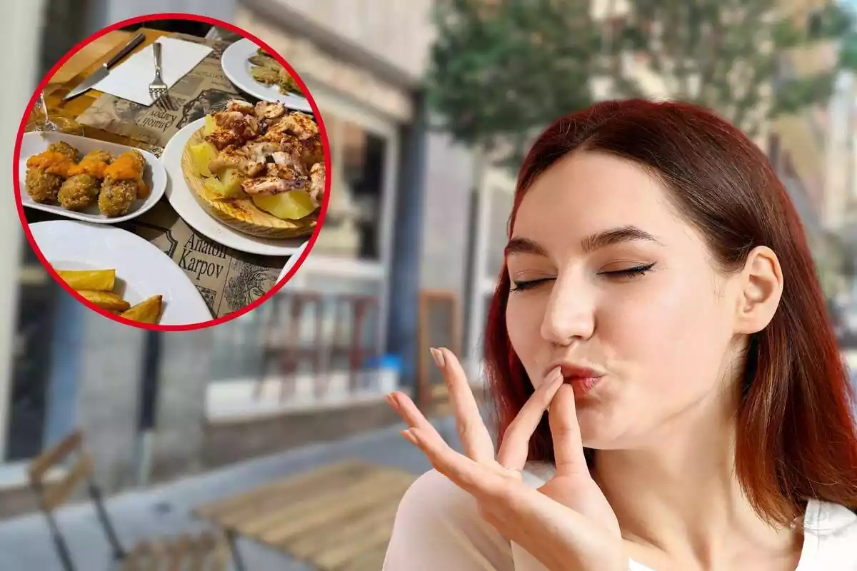 Montaje de chica disfrutando comida, Bar Sant Josep de Barcelona de fondo y círculo con comida de Bo de Bernat