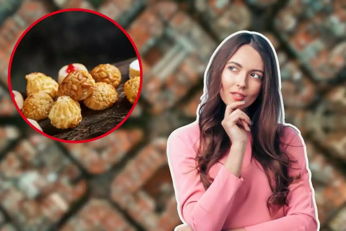 Una mujer pensativa con un fondo borroso y un círculo que muestra panellets, un dulce tradicional.