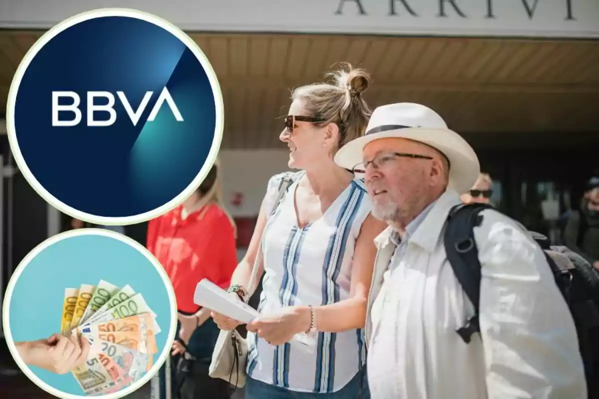 Personas en un aeropuerto con logotipo de BBVA y una mano sosteniendo billetes de euro.