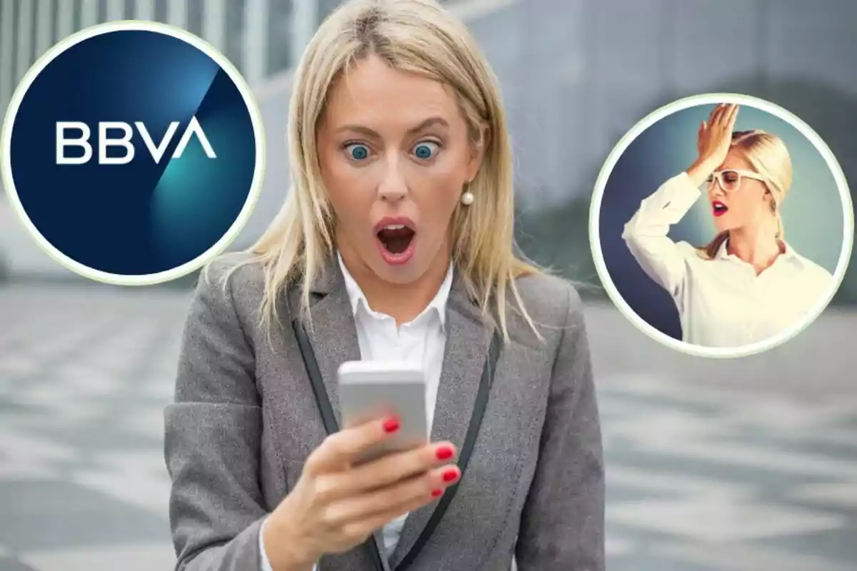 Mujer sorprendida mirando su teléfono móvil con el logo de BBVA y una imagen de otra mujer con gesto de frustración.