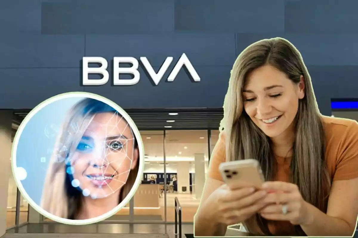 Mujer sonriendo mientras usa un teléfono móvil frente a una sucursal de BBVA con un gráfico de reconocimiento facial superpuesto. Mujer sonriendo mientras usa un teléfono móvil frente a una sucursal de BBVA con un gráfico de reconocimiento facial superpuesto.