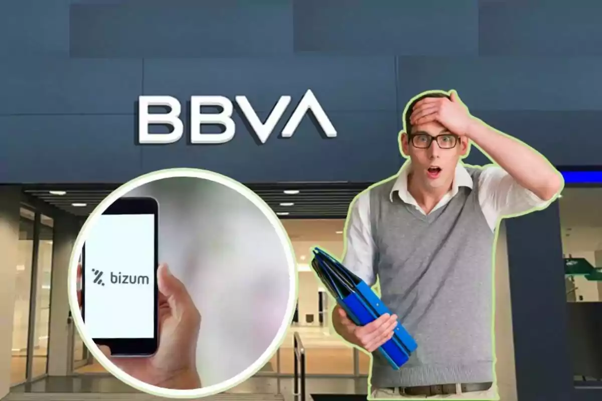 Un hombre sorprendido con carpetas en la mano frente a una sucursal de BBVA y una imagen de un teléfono móvil con la aplicación Bizum.