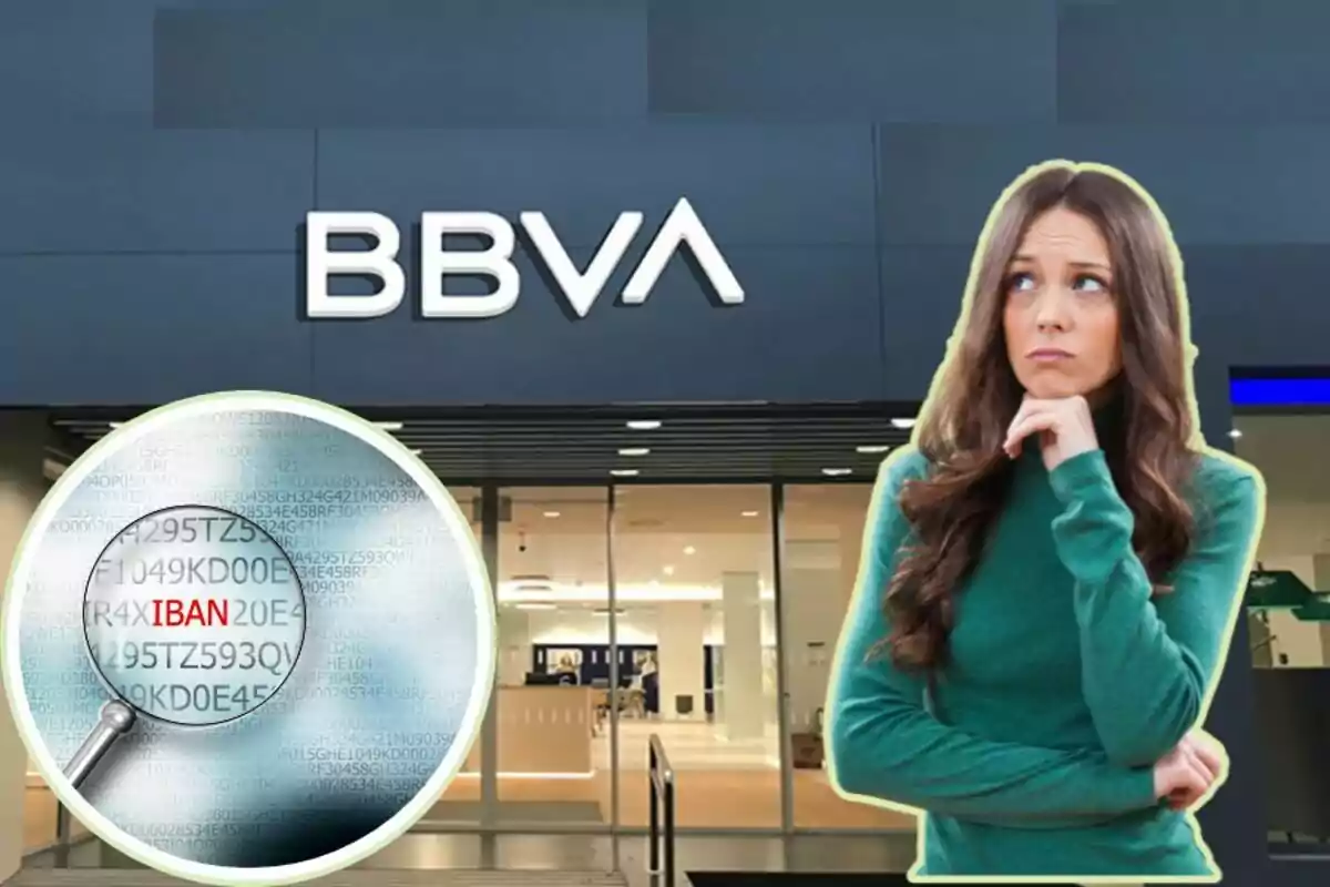 Una mujer pensativa con un suéter verde está superpuesta frente a una sucursal del banco BBVA, con una lupa que resalta la palabra "IBAN" en un fondo de números.