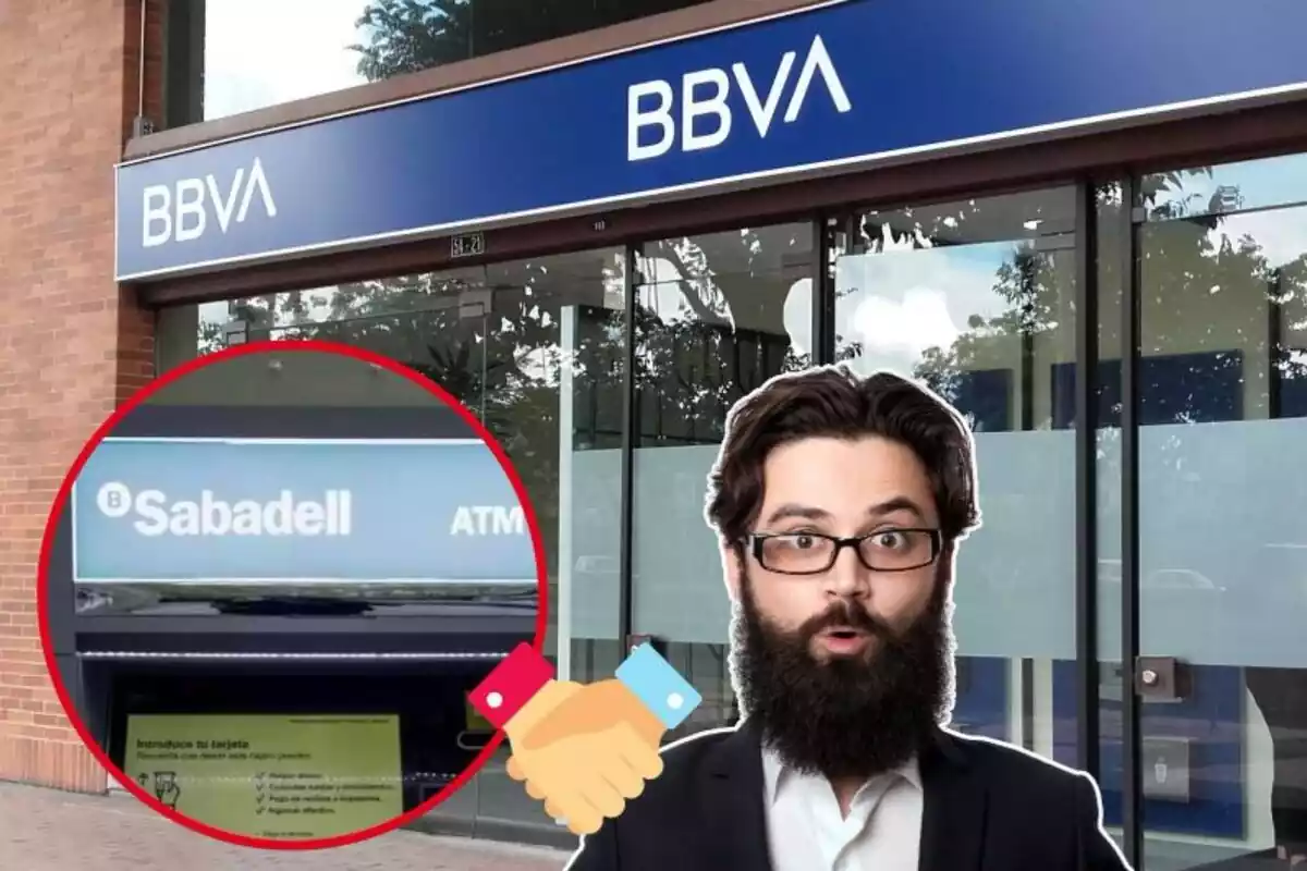 Imagen de fondo de una oficina del BBVA junto a otra imagen de un cajero del Sabadell y un hombre con gesto de sorpresa