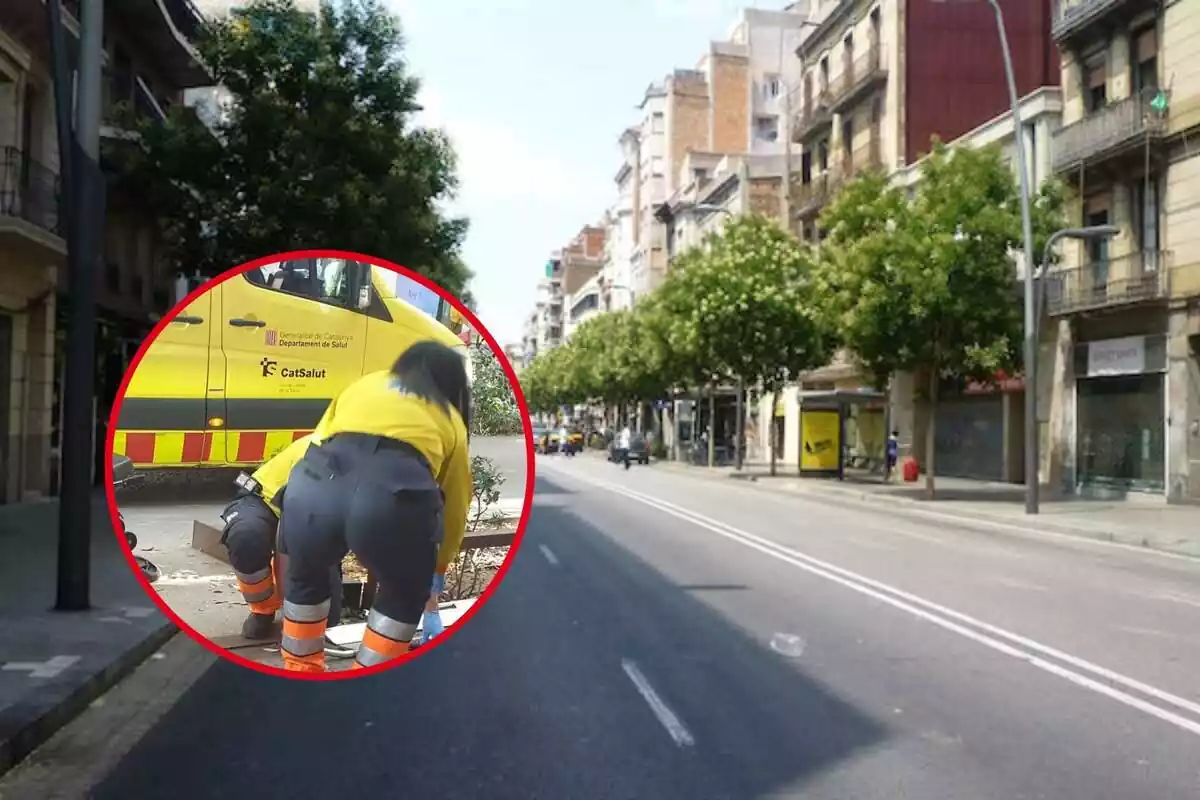 Imagen de una calle de Barcelona sin coches y un marc con unas responsables del SEM atentiendo a una persona