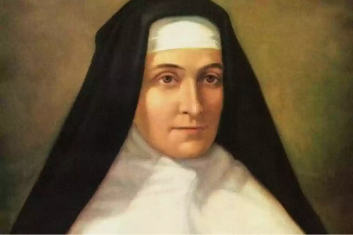 Retrato de una mujer vestida con hábito religioso blanco y velo negro sobre un fondo neutro Retrato de una mujer vestida con hábito religioso blanco y velo negro sobre un fondo neutro