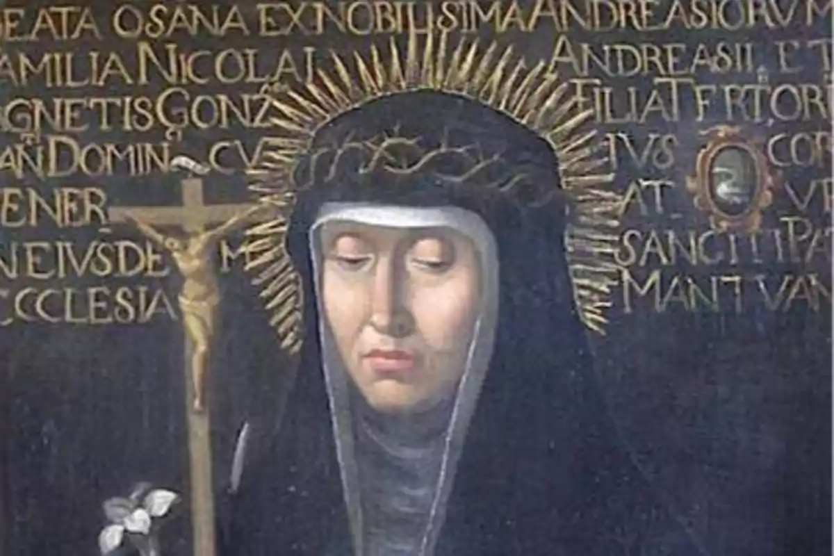 Pintura religiosa de una mujer con halo dorado vestida con hábito oscuro sosteniendo un crucifijo y una flor blanca con fondo de letras doradas Pintura religiosa de una mujer con halo dorado vestida con hábito oscuro sosteniendo un crucifijo y una flor blanca con fondo de letras doradas