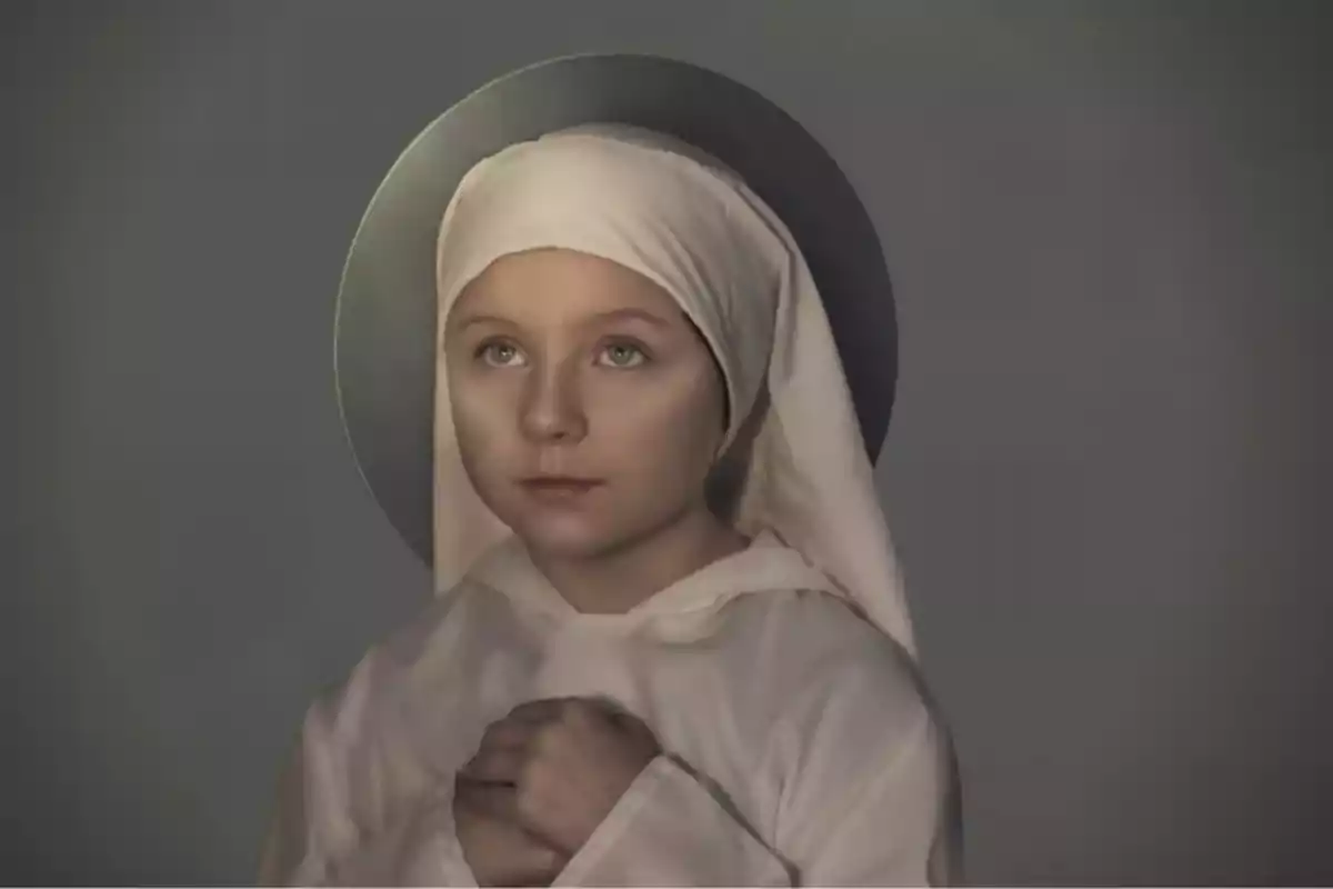 Una niña vestida con un hábito blanco y un halo detrás de su cabeza, mirando hacia arriba con las manos juntas en actitud de oración. Una niña vestida con un hábito blanco y un halo detrás de su cabeza, mirando hacia arriba con las manos juntas en actitud de oración.