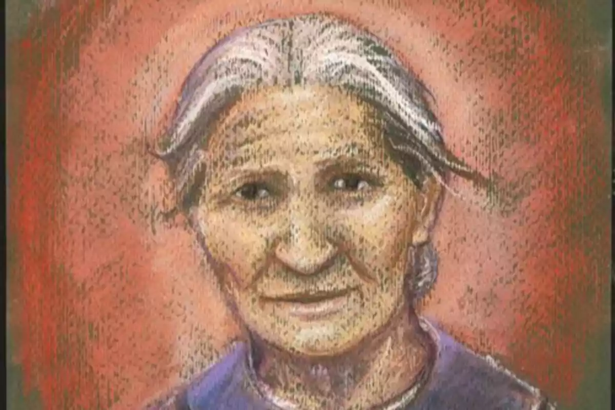 Retrato artístico de una mujer mayor de cabello canoso y expresión serena sobre un fondo rojizo Retrato artístico de una mujer mayor de cabello canoso y expresión serena sobre un fondo rojizo