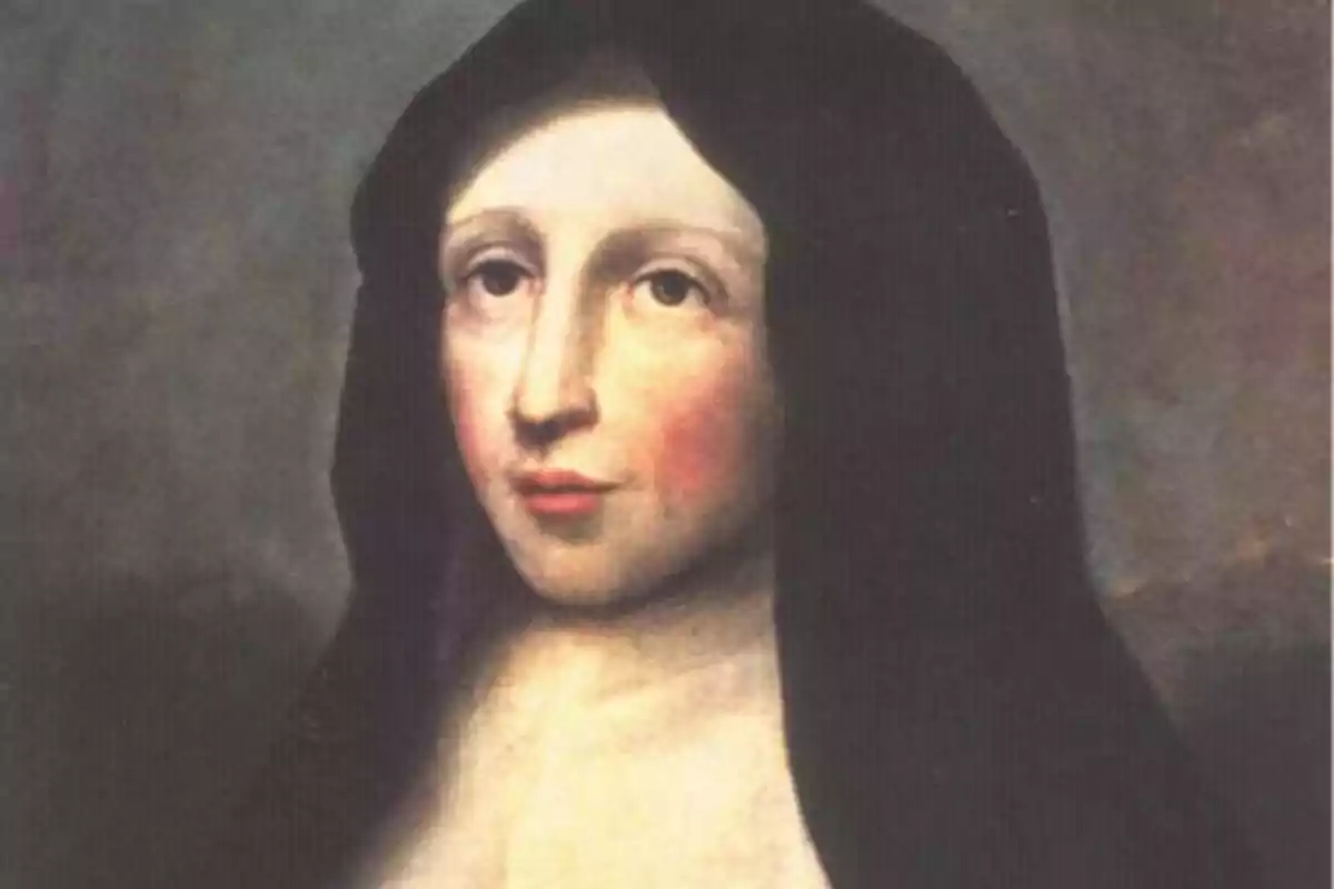 Retrato de una mujer con velo oscuro y expresión serena. Retrato de una mujer con velo oscuro y expresión serena.