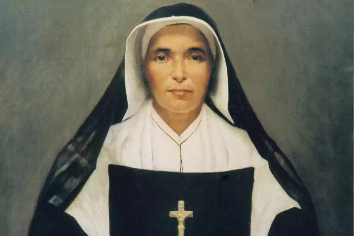 Una pintura de una monja con hábito negro y blanco, con un crucifijo en el pecho. Una pintura de una monja con hábito negro y blanco, con un crucifijo en el pecho.