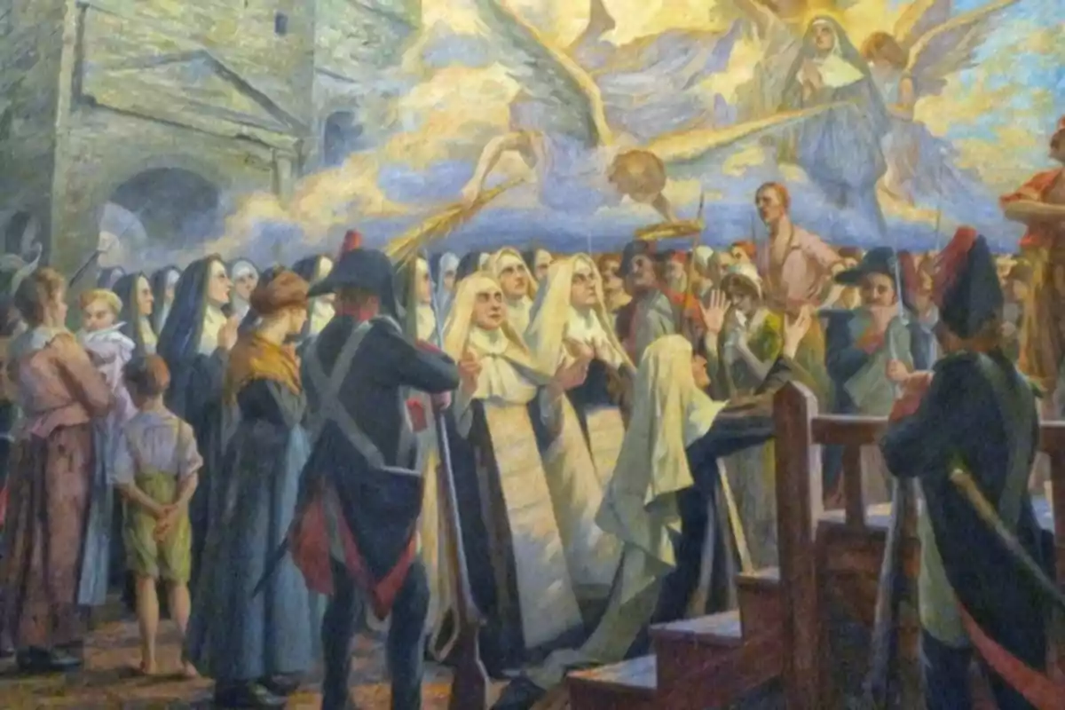 Una pintura que muestra a un grupo de monjas y soldados en una escena histórica, con figuras angelicales en el cielo. Una pintura que muestra a un grupo de monjas y soldados en una escena histórica, con figuras angelicales en el cielo.