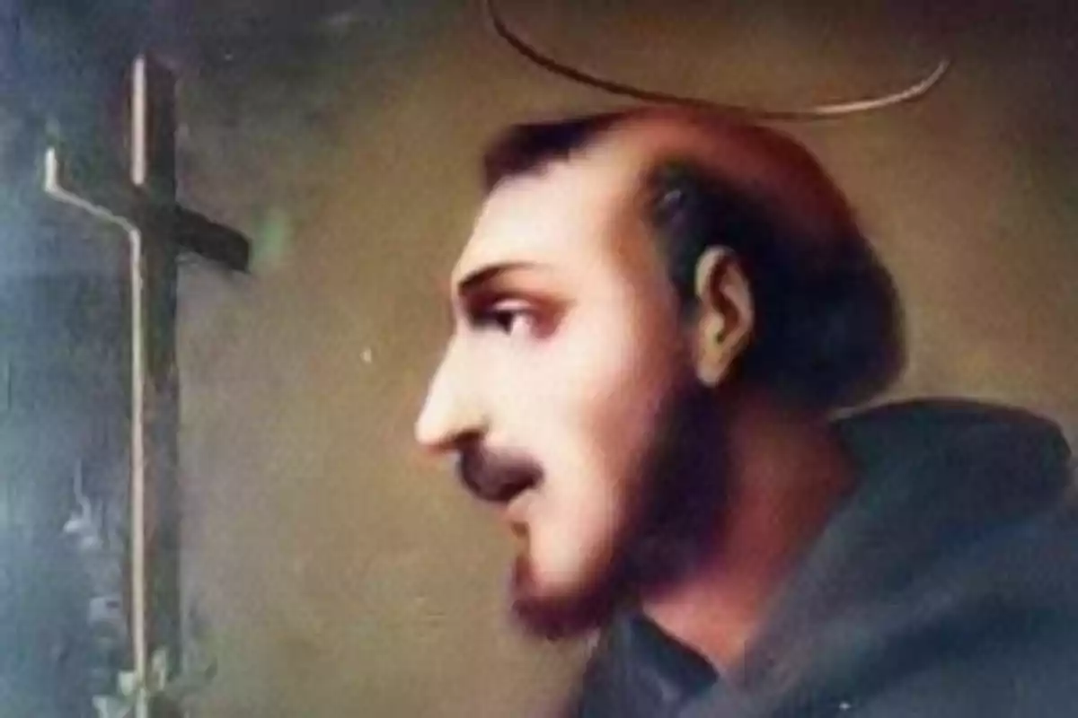 Un retrato de un hombre con halo y una cruz al fondo. Un retrato de un hombre con halo y una cruz al fondo.