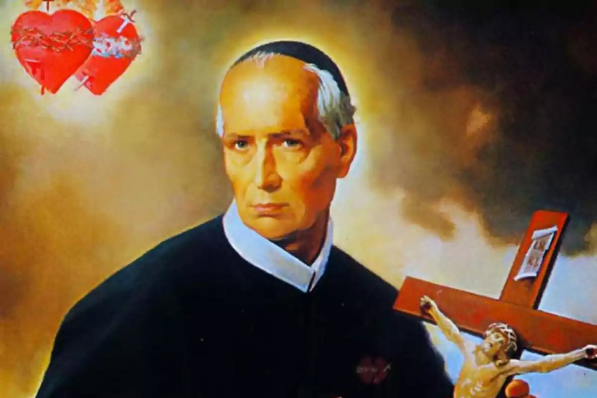 Un hombre con vestimenta religiosa sostiene un crucifijo mientras dos corazones con espinas flotan en el fondo. Un hombre con vestimenta religiosa sostiene un crucifijo mientras dos corazones con espinas flotan en el fondo.