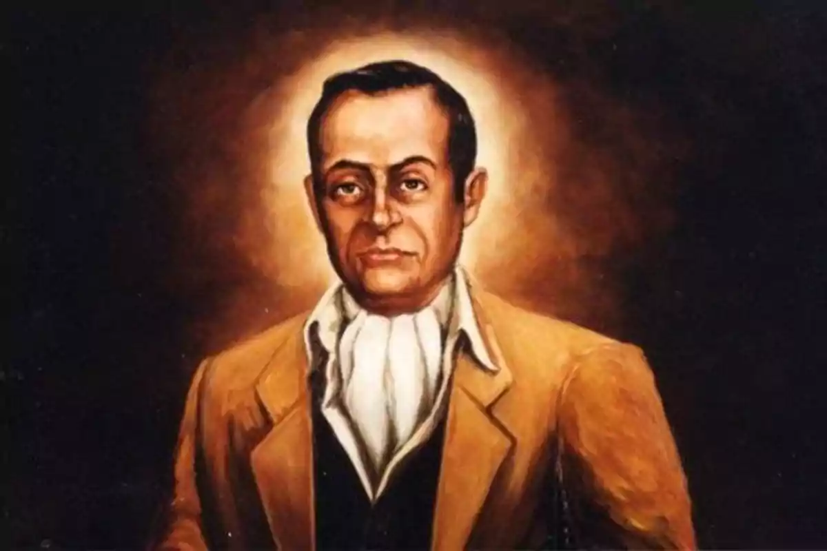 Retrato de un hombre con chaqueta marrón y camisa blanca sobre un fondo oscuro con un halo de luz detrás de su cabeza. Retrato de un hombre con chaqueta marrón y camisa blanca sobre un fondo oscuro con un halo de luz detrás de su cabeza.
