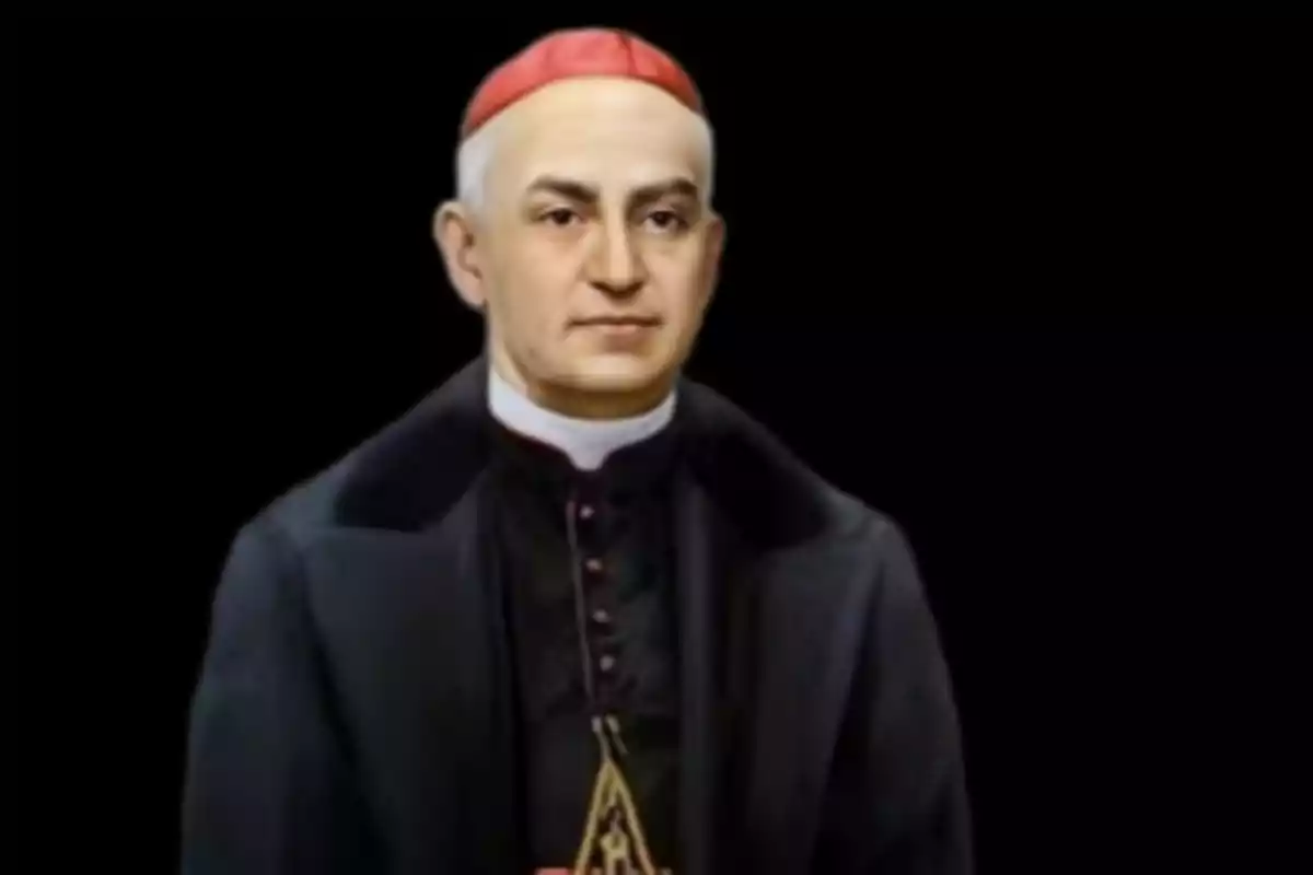 Un hombre con vestimenta eclesiástica y un solideo rojo sobre un fondo negro. Un hombre con vestimenta eclesiástica y un solideo rojo sobre un fondo negro.
